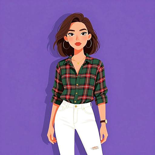 Digital illustration of a woman with shoulder-length brown hair, wearing a green plaid shirt, white pants, large hoop earrings, and a watch, standing