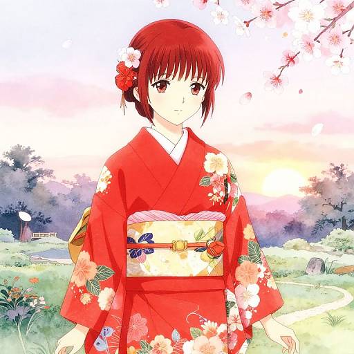 Red Anime Girl in Floral Kimono