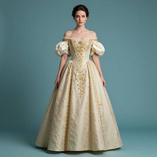 Photograph of a fair-skinned woman with dark hair in an off-the-shoulder, golden-embroidered, puffed-sleeve