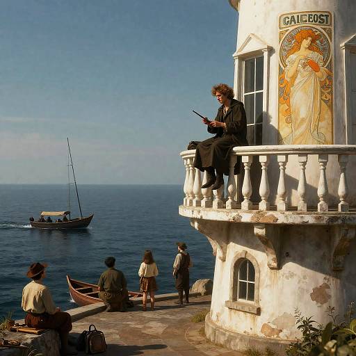 Mysterious Bard on Weathered Lighthouse Balcony