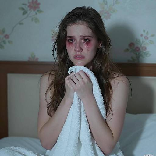 Emotional Woman in Floral Room