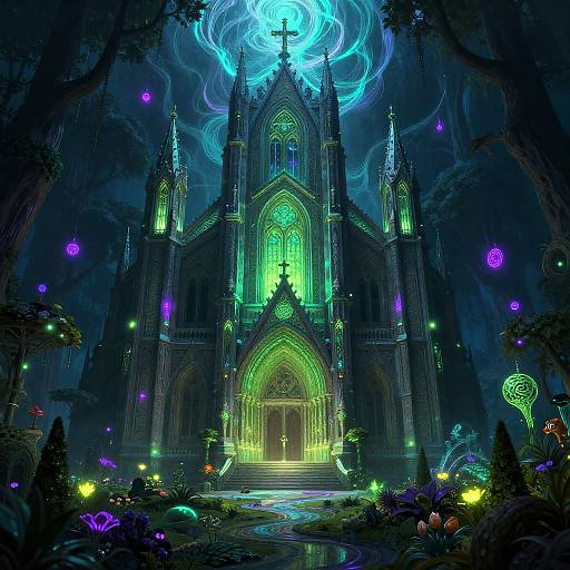 Bioluminescent Elven Cathedral in Mystical Garden