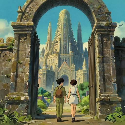 Anime-style illustration of a young man and woman walking through a weathered stone archway towards a towering, ancient temple under a bright blue sky.