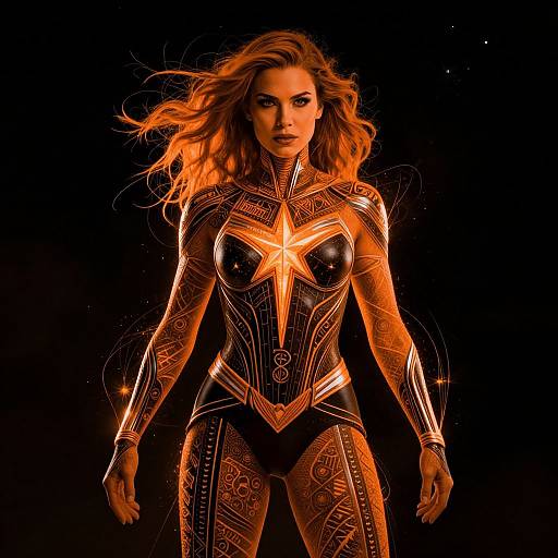Digital art of a fierce, red-haired woman in a glowing, black and orange, star-patterned bodysuit, standing against a black background.