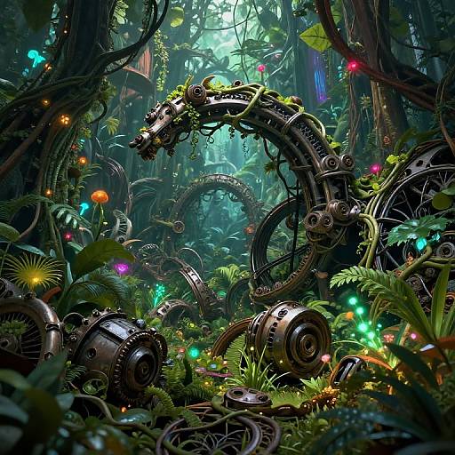 Digital art of a lush, steampunk jungle with glowing multicolored lights, intricate mechanical serpent-like structures, and dense green foliage.
