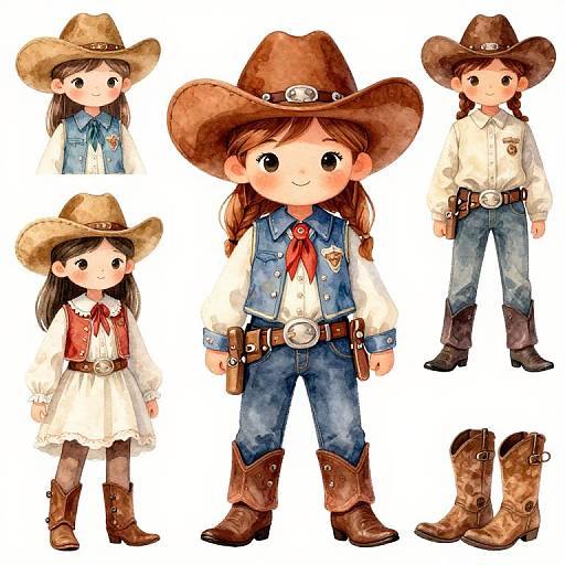 Watercolor Cute Little Cowgirls Clipart Set