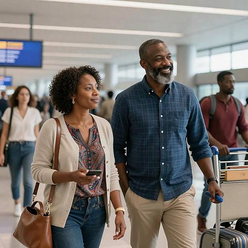 Smiling Couple at Busy Airport Terminal