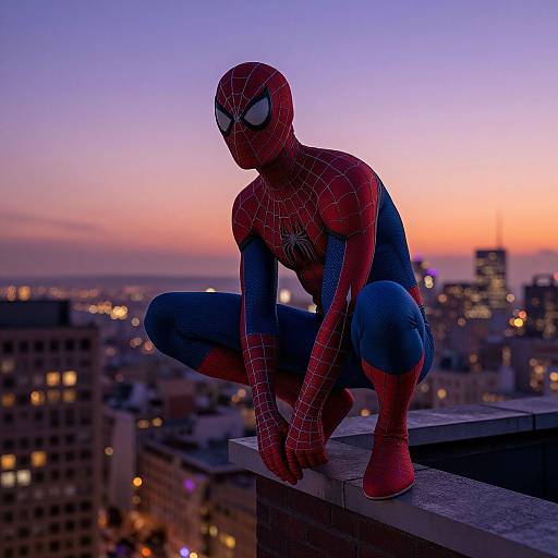 Photograph of Spider-Man crouching on rooftop at sunset, city skyline in background, wearing red and blue costume with web pattern.