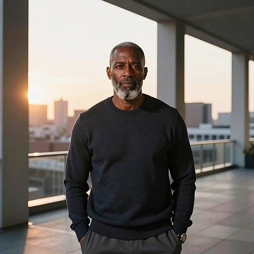 Mature Black Man on Modern Rooftop Terrace at Sunset