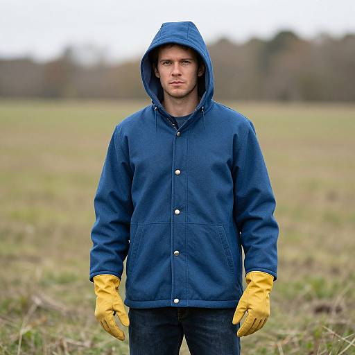 Photograph of a serious-looking man in a navy hooded jacket and yellow gloves standing in a grassy field, blurred trees in the background.
