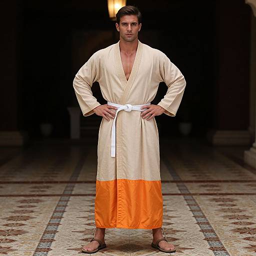 Photograph of a confident, dark-haired man in a white and orange traditional Asian-style robe, white belt, and sandals, standing on a patterned