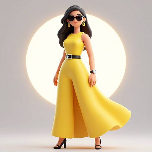 CGI image of a stylish woman with long black hair, wearing a yellow, high-waisted, flowing dress, black belt, black heels,