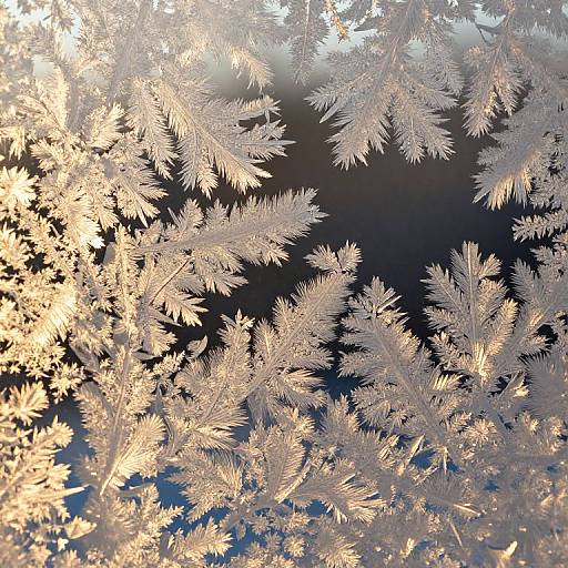 Photograph of intricate, glowing white frost crystals on pine branches against a dark, blurred background, creating a radiant, winter scene.