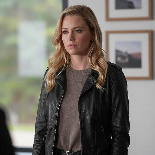Intense Blonde Woman in Leather Jacket