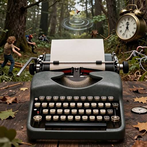 Photograph of vintage typewriter in forest, with clock floating above, man in striped shirt running, and fallen leaves on ground.