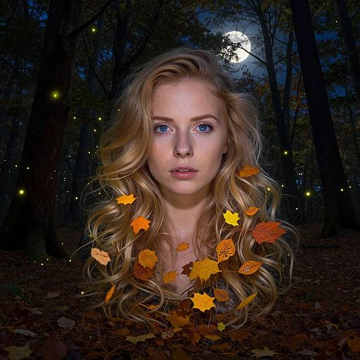 Photograph of a blonde woman with blue eyes, surrounded by floating autumn leaves, in a dark forest under a full moon.