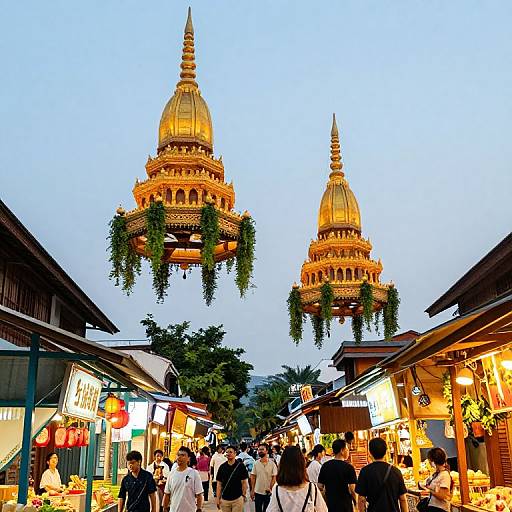 Golden Inverted Pagodas in Vibrant Market