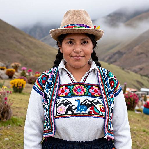 Photograph of a smiling Indigenous Andean woman with braided hair, wearing a colorful embroidered blouse, traditional hat, and standing in a mountainous,