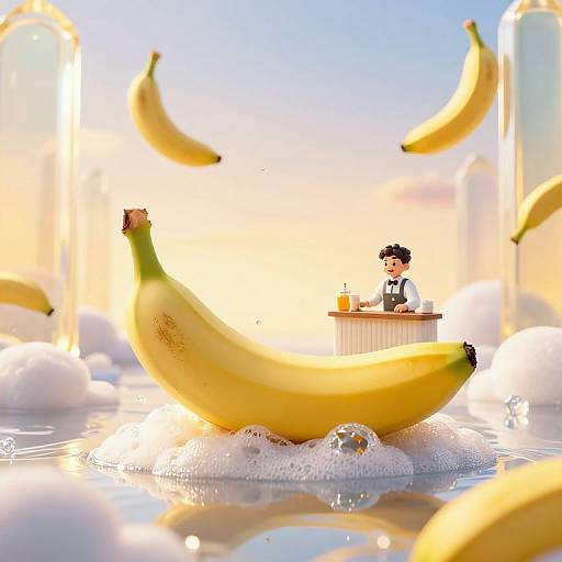Digital illustration of a miniature waiter with black hair, white shirt, and black tie serving a drink on a large, yellow banana floating in sparkling water,