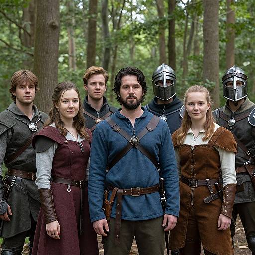 Photograph of a medieval fantasy group: five adults and two children in armor and medieval clothing, standing in a forest. Central bearded man in blue