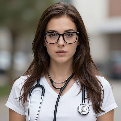 Photograph of a young woman with long brown hair, wearing black-rimmed glasses, white shirt, and stethoscope, standing outdoors.