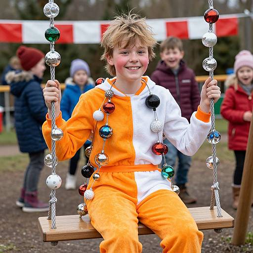 Photograph of a smiling boy with messy blond hair in an orange and white onesie, sitting on a swing with colorful ornaments, surrounded by children in