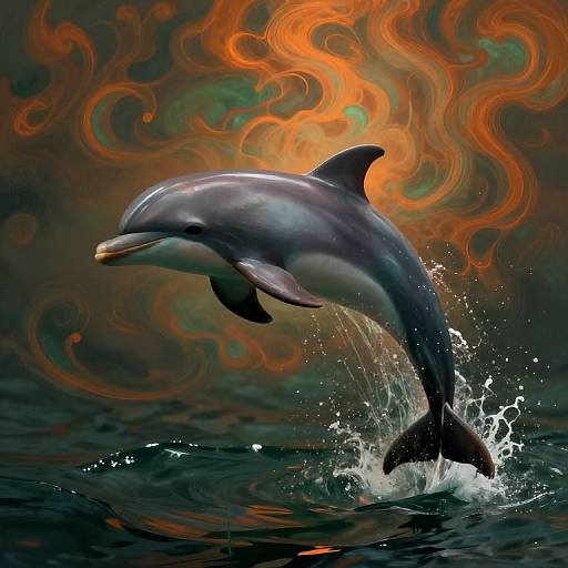Photograph-like digital art of a dolphin leaping from dark, rippling water, splashing water droplets, with vibrant, swirling orange and green