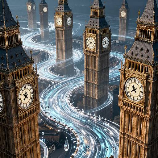 Photograph of London's Big Ben clock towers at night, illuminated by swirling white light trails from traffic below.