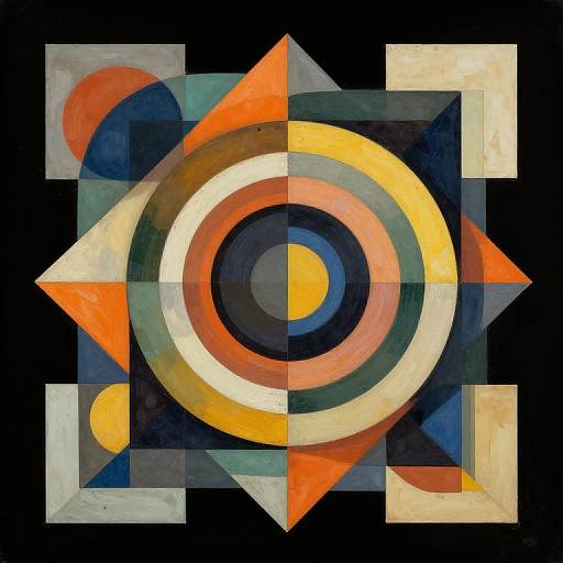 Abstract geometric painting featuring a central yellow and orange spiral, surrounded by overlapping triangles and squares in bold colors.