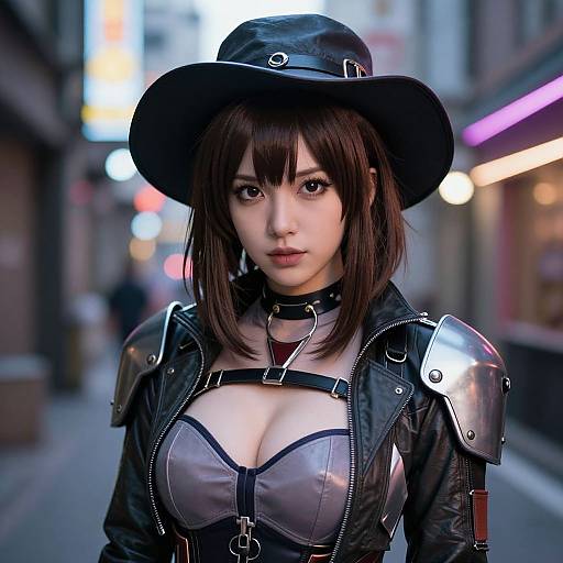Photorealistic digital image of an anime-style woman with large eyes, dark brown hair, black leather hat, and armor, standing in a neon-l
