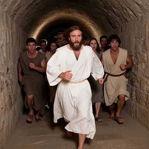 Photograph of a bearded man with long brown hair in a white robe, running through a dimly lit stone tunnel, pursued by men in ancient