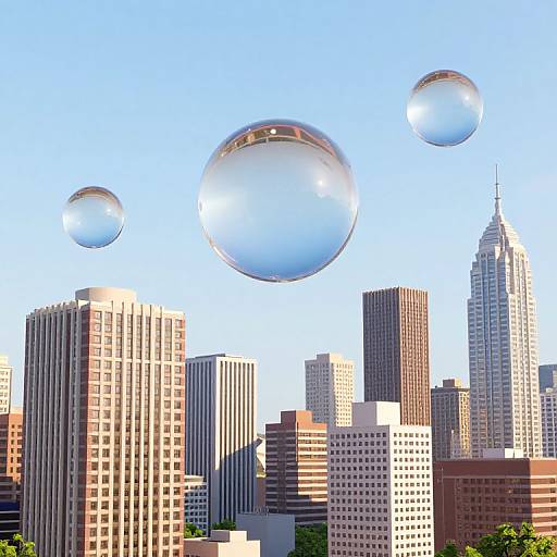 Photograph of a city skyline with tall buildings, featuring three large, reflective glass bubbles floating in a clear blue sky.