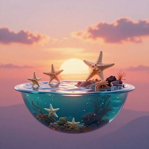 Photograph of a glass bowl filled with starfish and sea rocks, submerged in water, against a vibrant sunset sky.