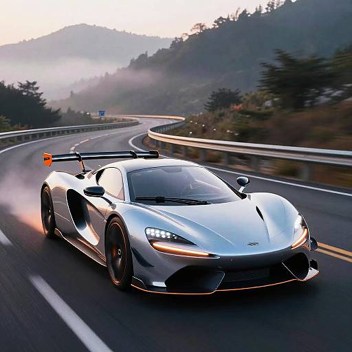 Futuristic Silver Race Car on Neon Highway