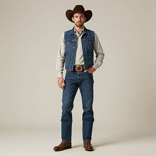 Photograph of a bearded man in a brown cowboy hat, blue denim vest, checkered shirt, and jeans, standing confidently against a white background