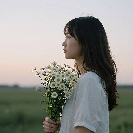 Photograph of a young Asian woman with long dark hair, wearing a white loose blouse, holding a bouquet of white daisies, profile view,