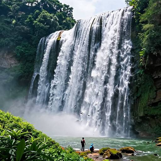 Photograph of a powerful waterfall cascading down a lush, green cliff, with three people standing at its base, surrounded by dense foliage and mist.