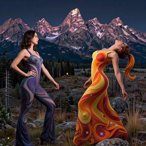 Photograph of two women dancing in vibrant, flowing dresses against a nighttime mountain backdrop with snow-capped peaks and a dark, starry sky. One