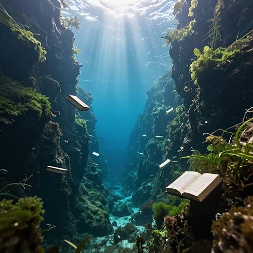 Photograph of an underwater cave with sunlight streaming in, surrounded by dark, rocky walls covered in green moss and algae. Small fish swim among floating books