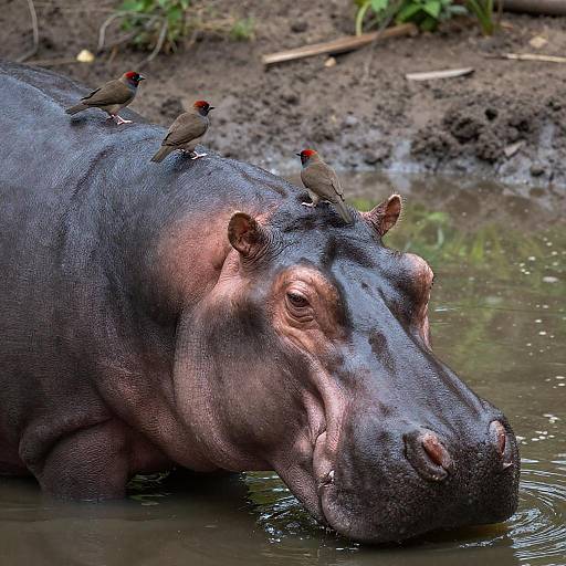 Hippo with Red-Capped Birds in Muddy Waterhole