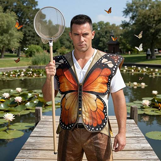 Photograph of a muscular man with short dark hair, wearing a butterfly-print shirt, holding a net, standing on a wooden dock by a lily