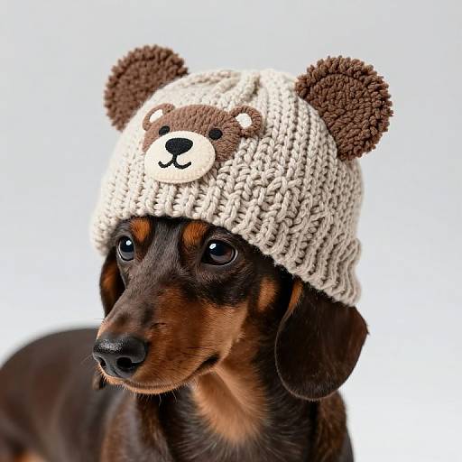 Photograph of a brown and black dachshund wearing a white, knitted bear hat with brown ears and face, against a plain white background