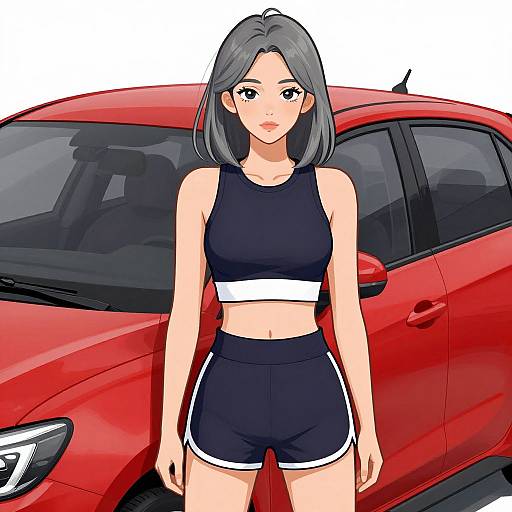 Sporty Woman by Red Car Artwork