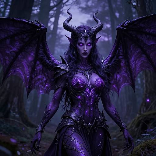 Digital artwork of a dark, purple-hued demon woman with horns, glowing eyes, bat wings, and intricate armor, standing in a misty forest