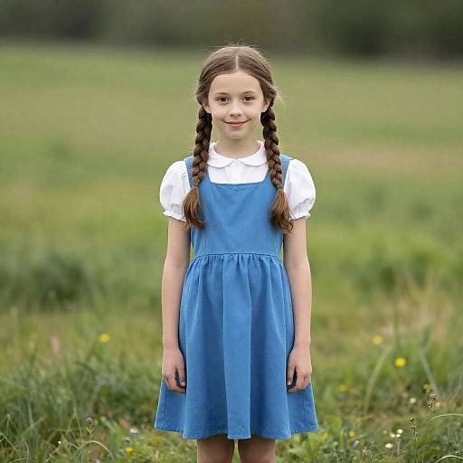 Girl with Braids in Blue Dress Standing in Field