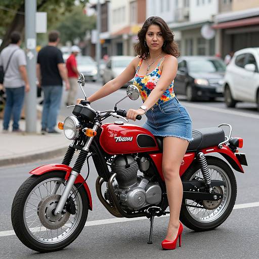 Confident Woman on Classic Red Motorcycle