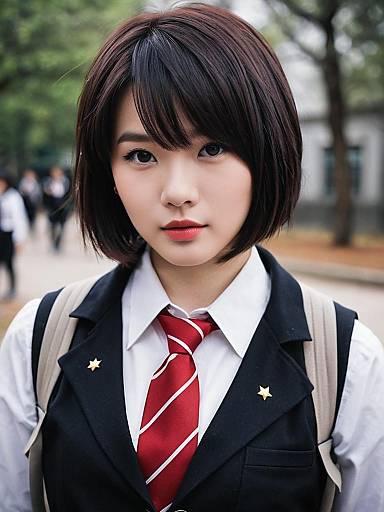 Young Woman in School Uniform with Red Necktie
