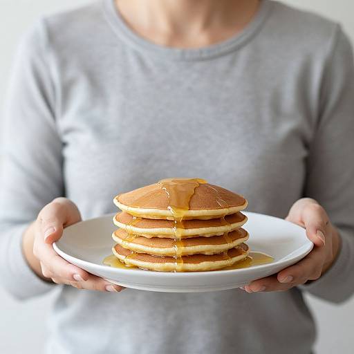 Photograph of a person in a gray sweater holding a white plate with a stack of syrup-drenched pancakes.