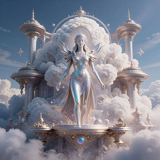 Digital artwork of a radiant, silver, winged female statue standing on a cloud-covered, futuristic, dome-topped structure against a bright blue sky.