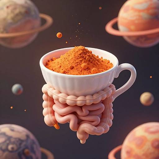 Digital artwork: A white cup filled with orange powder floats above a pink, brain-like base in a dark space with colorful planets and asteroids in the background